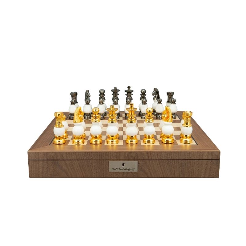 Dal Rossi White Stone And Gold Chess Pieces On 50cm Walnut Inlaid Chess Board With Compartments