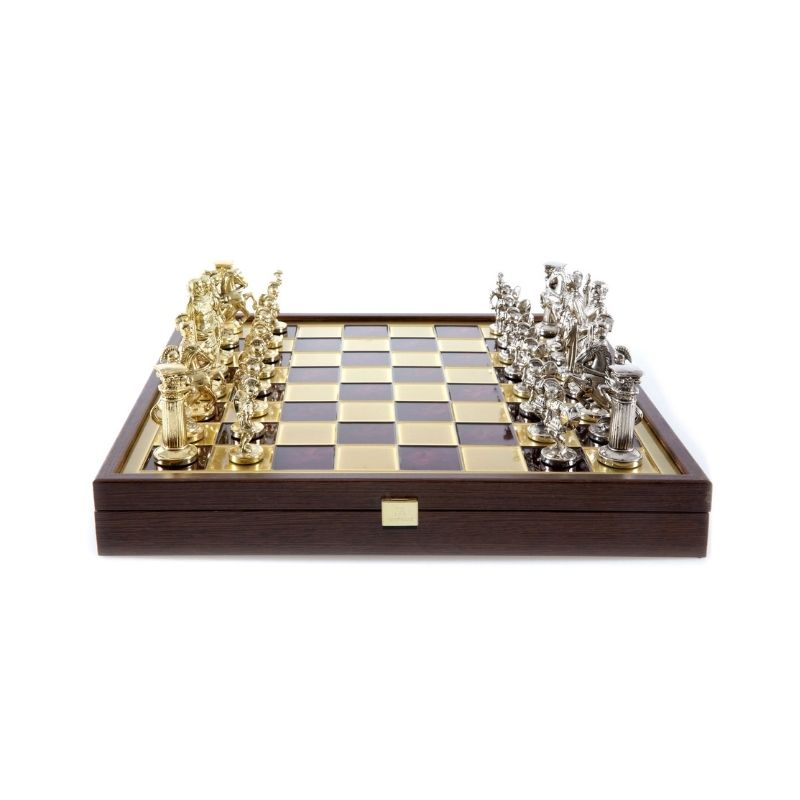 Manopoulos Luxury Handcrafted Greek Roman Period Metal Chess Set With Inlaid Board