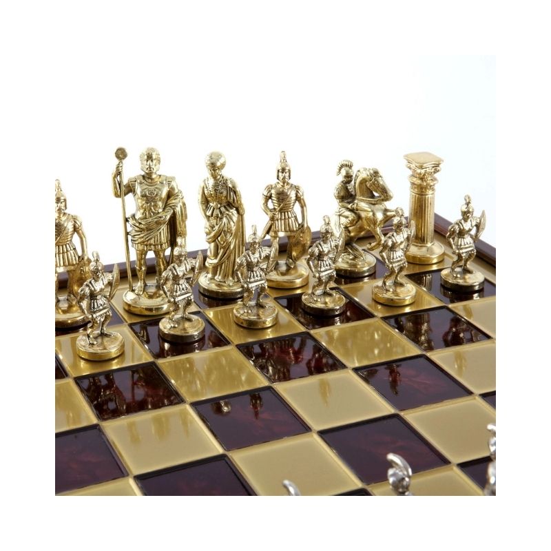 Manopoulos Luxury Handcrafted Greek Roman Period Metal Chess Set With Inlaid Board