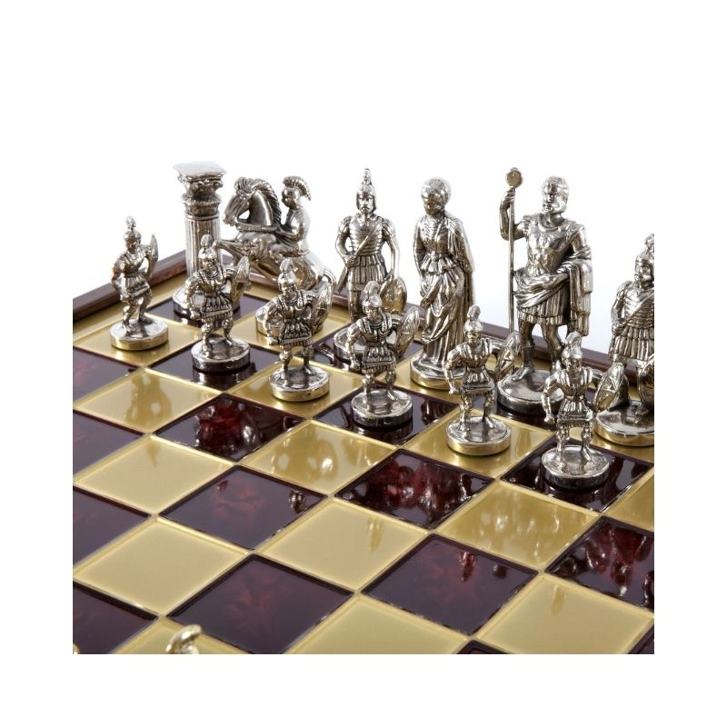 Manopoulos Luxury Handcrafted Greek Roman Period Metal Chess Set With Inlaid Board