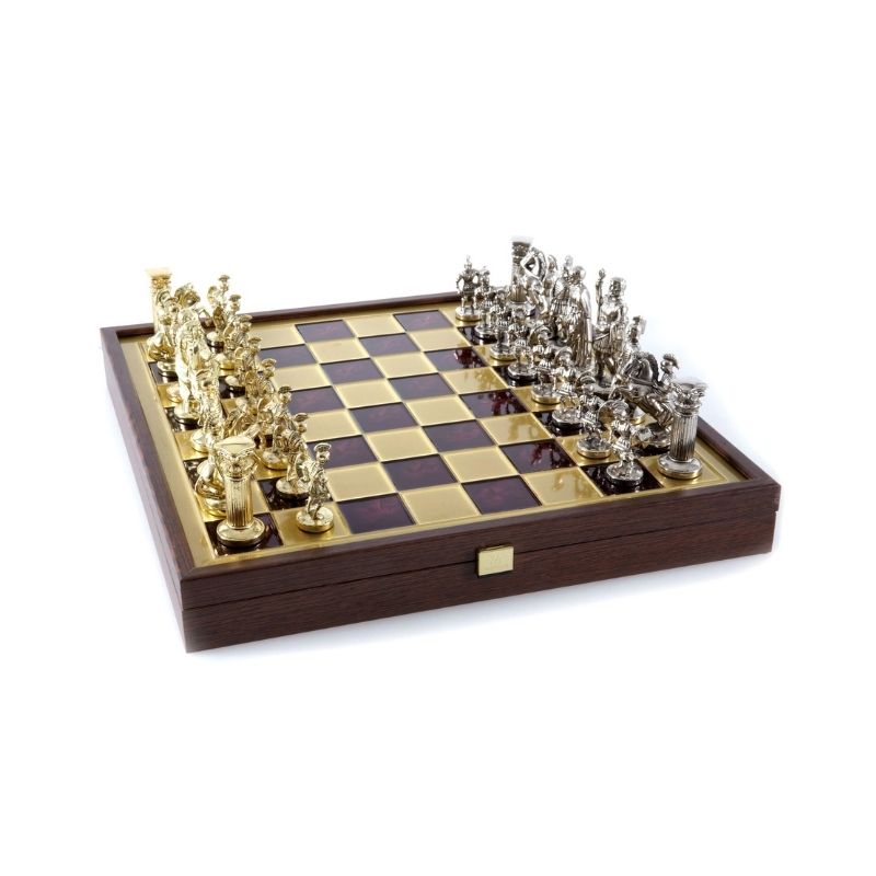 Manopoulos Luxury Handcrafted Greek Roman Period Metal Chess Set With Inlaid Board