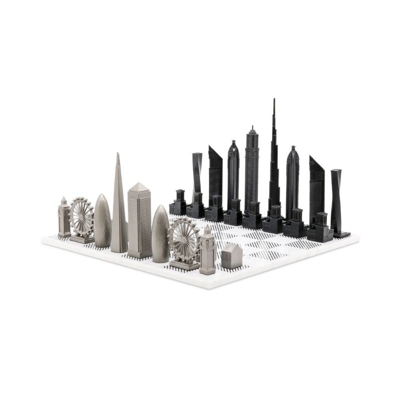 Skyline Chess Stainless Steel Special Edition (Two City Combination) With Marble Chess Board