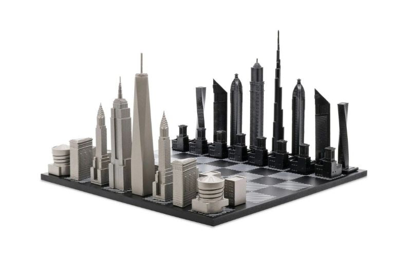 Skyline Chess Stainless Steel Special Edition (Two City Combination) With Wood Chess Board