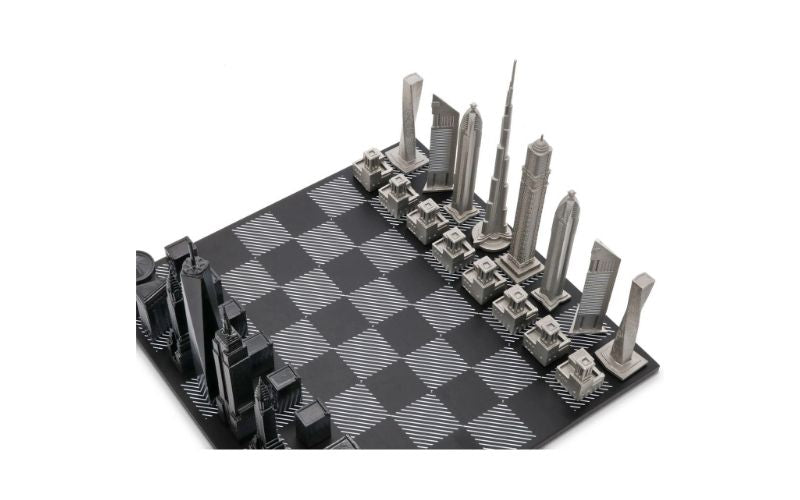 Skyline Chess Stainless Steel Special Edition (Two City Combination) With Wood Chess Board