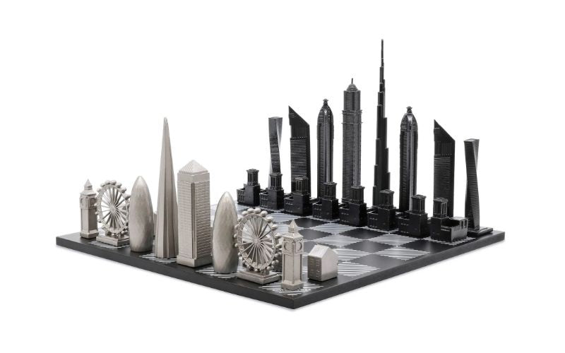 Skyline Chess Stainless Steel Special Edition (Two City Combination) With Wood Chess Board