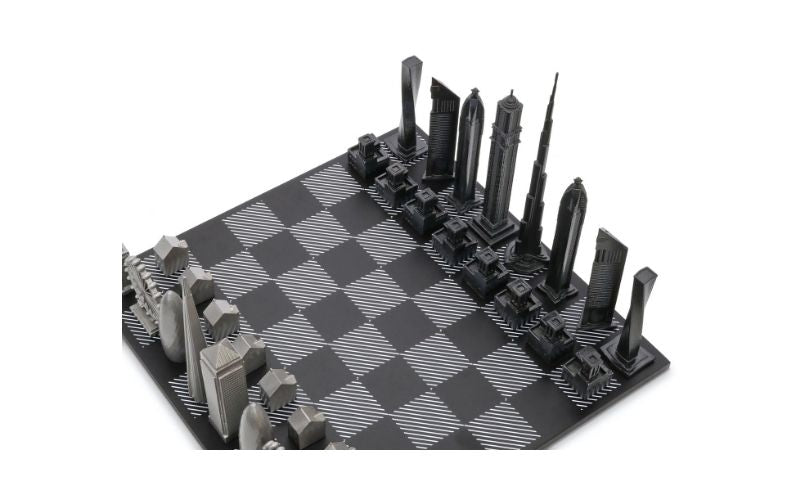 Skyline Chess Stainless Steel Special Edition (Two City Combination) With Wood Chess Board
