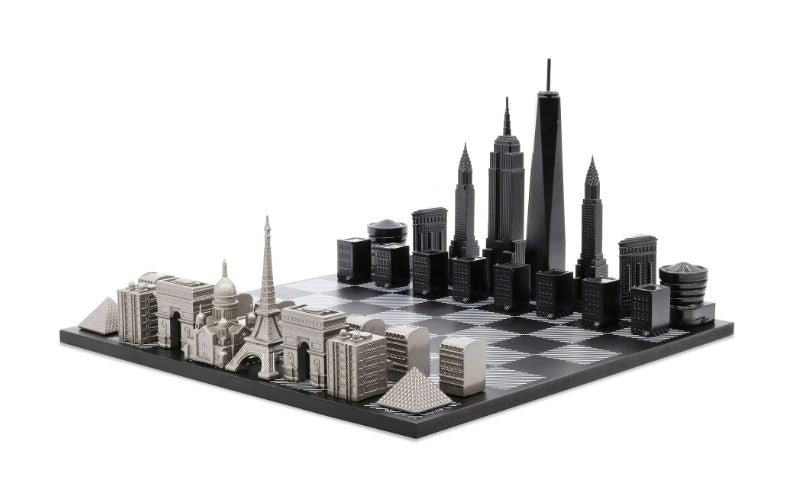 Skyline Chess Stainless Steel Special Edition (Two City Combination) With Wood Chess Board