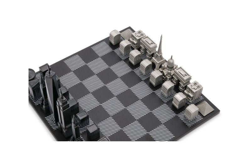 Skyline Chess Stainless Steel Special Edition (Two City Combination) With Wood Chess Board