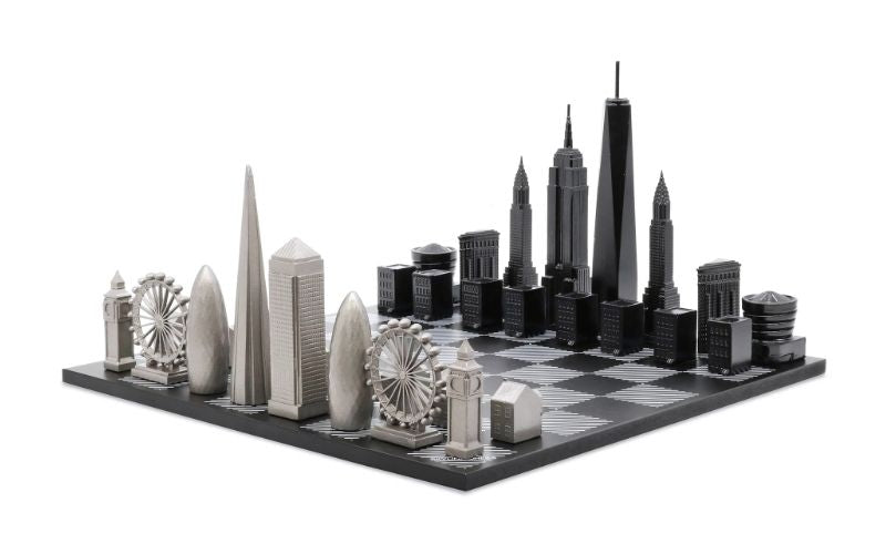 Skyline Chess Stainless Steel Special Edition (Two City Combination) With Wood Chess Board