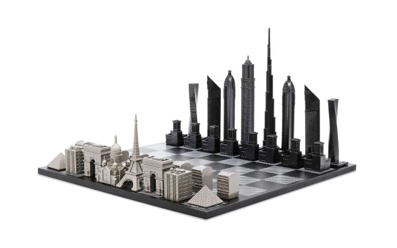 Skyline Chess Stainless Steel Special Edition (Two City Combination) With Wood Chess Board