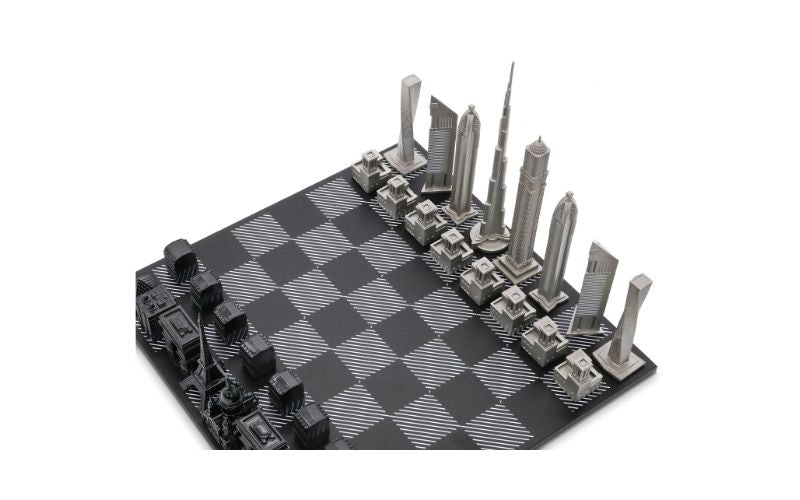 Skyline Chess Stainless Steel Special Edition (Two City Combination) With Wood Chess Board