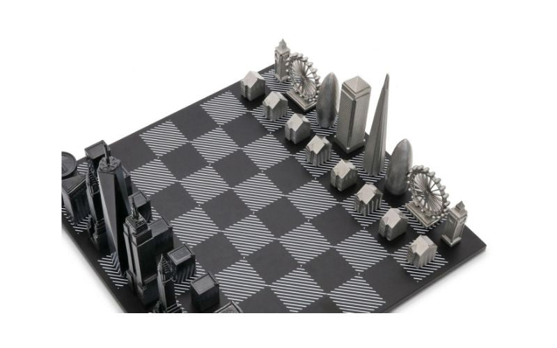 Skyline Chess Stainless Steel Special Edition (Two City Combination) With Wood Chess Board