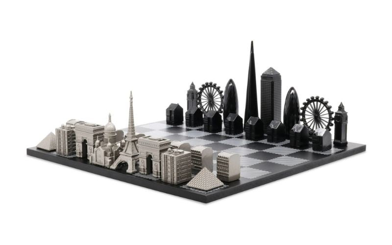 Skyline Chess Stainless Steel Special Edition (Two City Combination) With Wood Chess Board