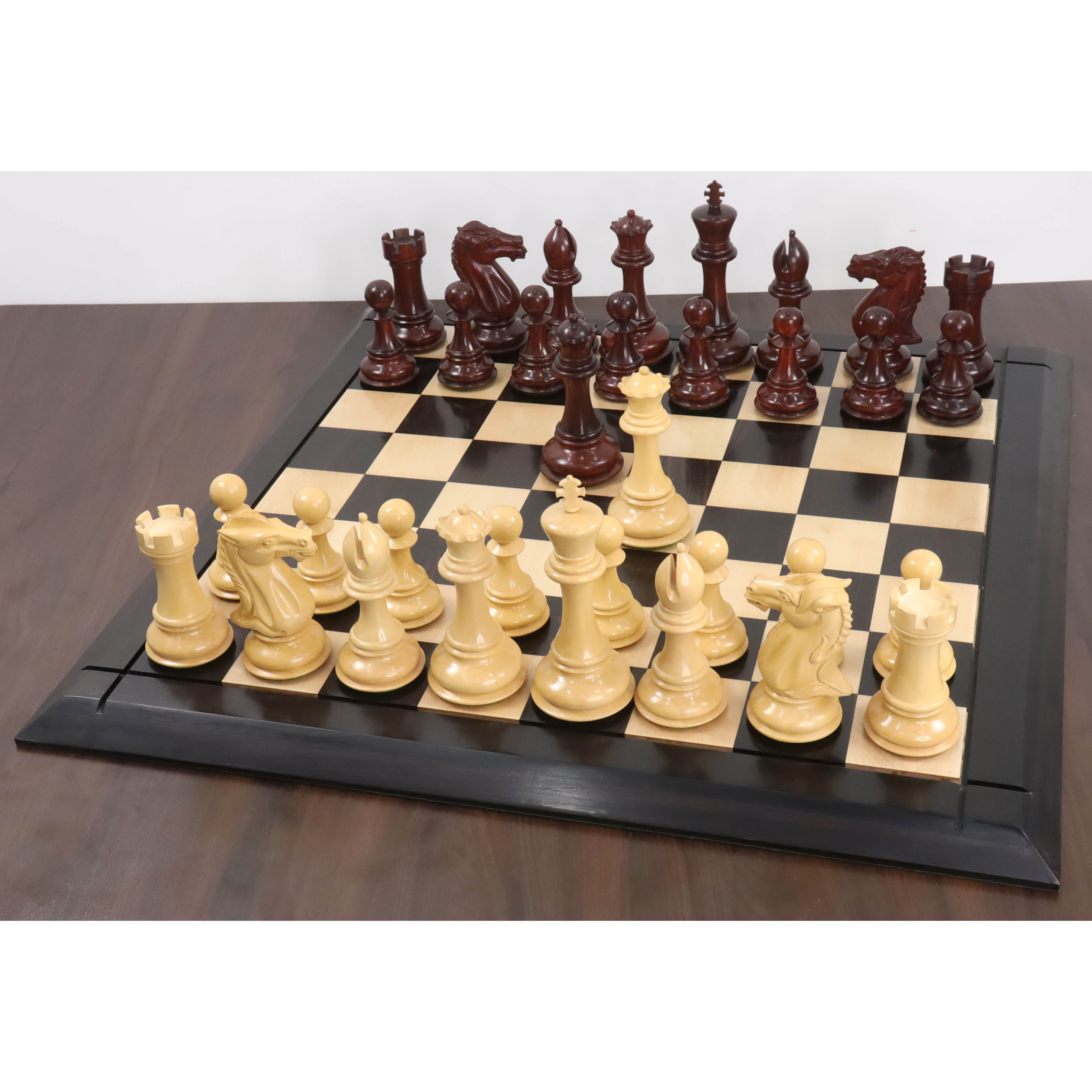 Mammoth Staunton chess pieces in bud rosewood, 156mm king