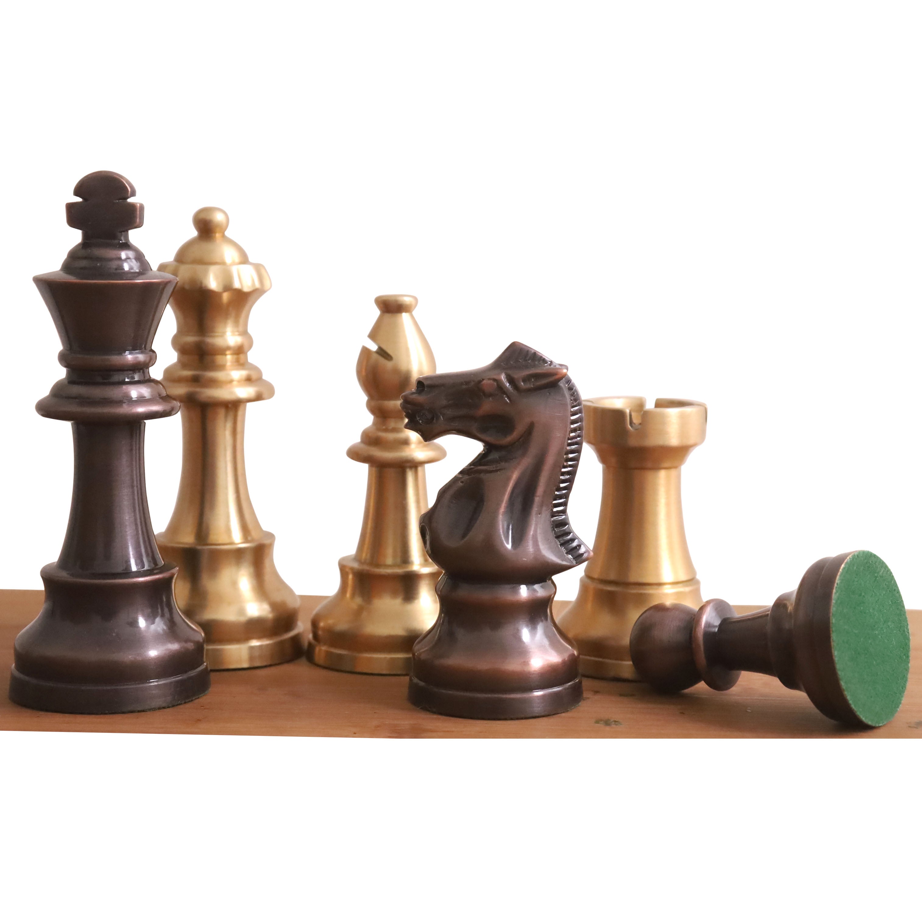 Copper Antiqued and Matte Gold chessmen with an 82mm king