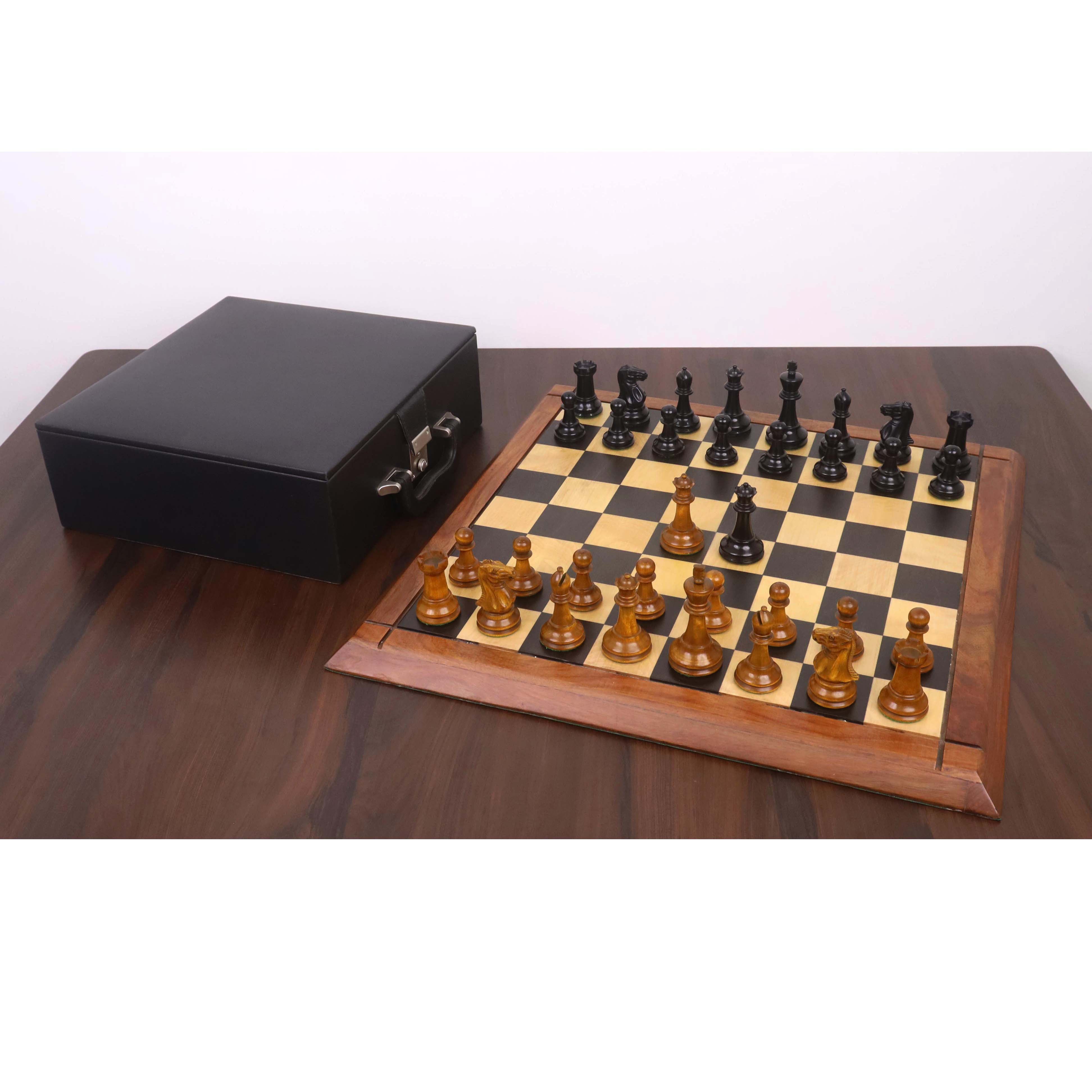 92mm king and matching chessmen in Ebonised Boxwood and Antiqued Boxwood