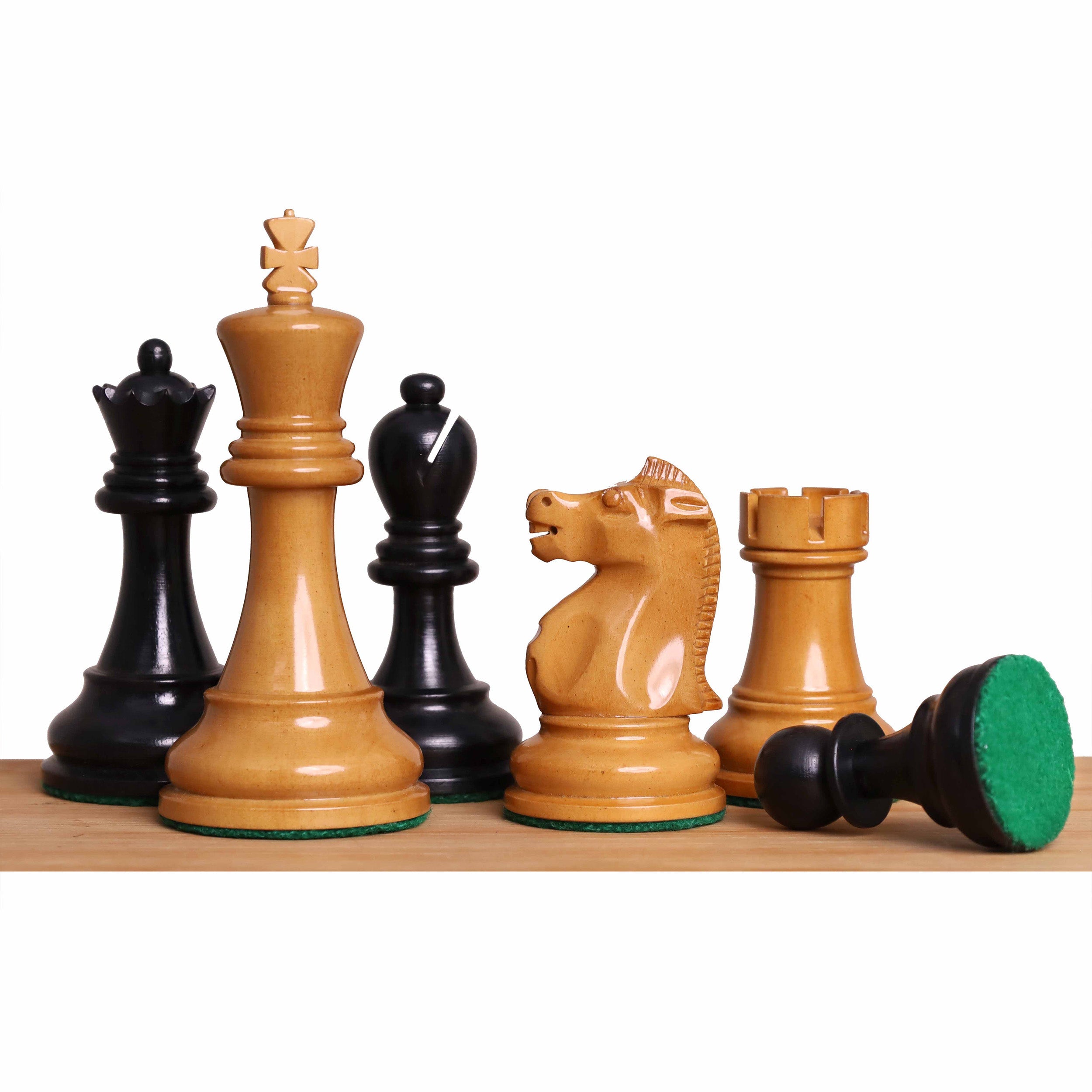1972 Championship Fischer Spassky Ebony & Distress Antiqued Boxwood 97mm Chess Pieces