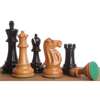 Ebony and Antiqued Boxwood chessmen with a 98mm king