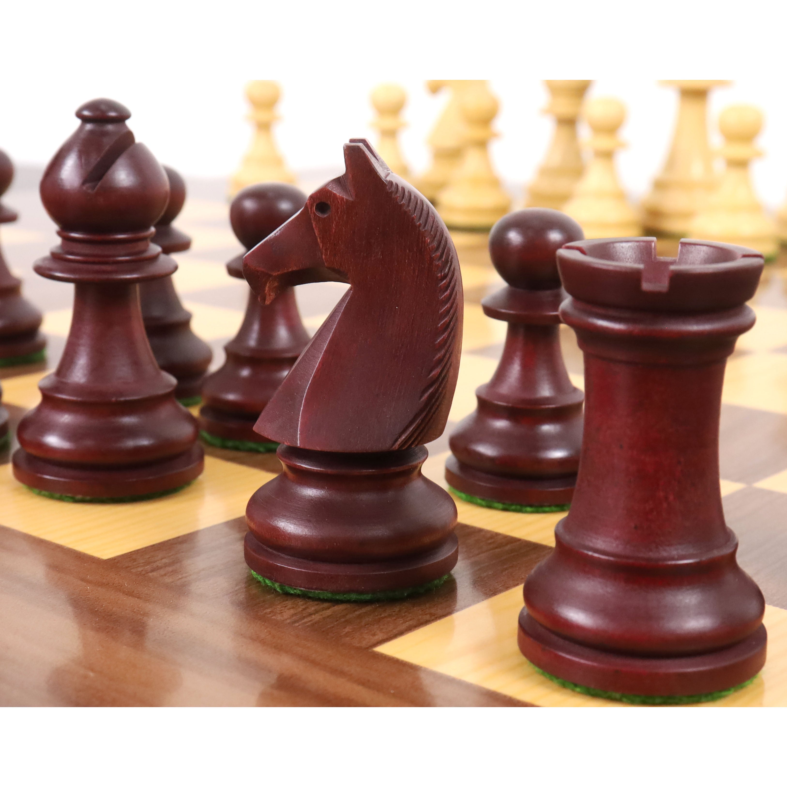 Mahogany Stained Boxwood and Boxwood chessmen with a 100mm king