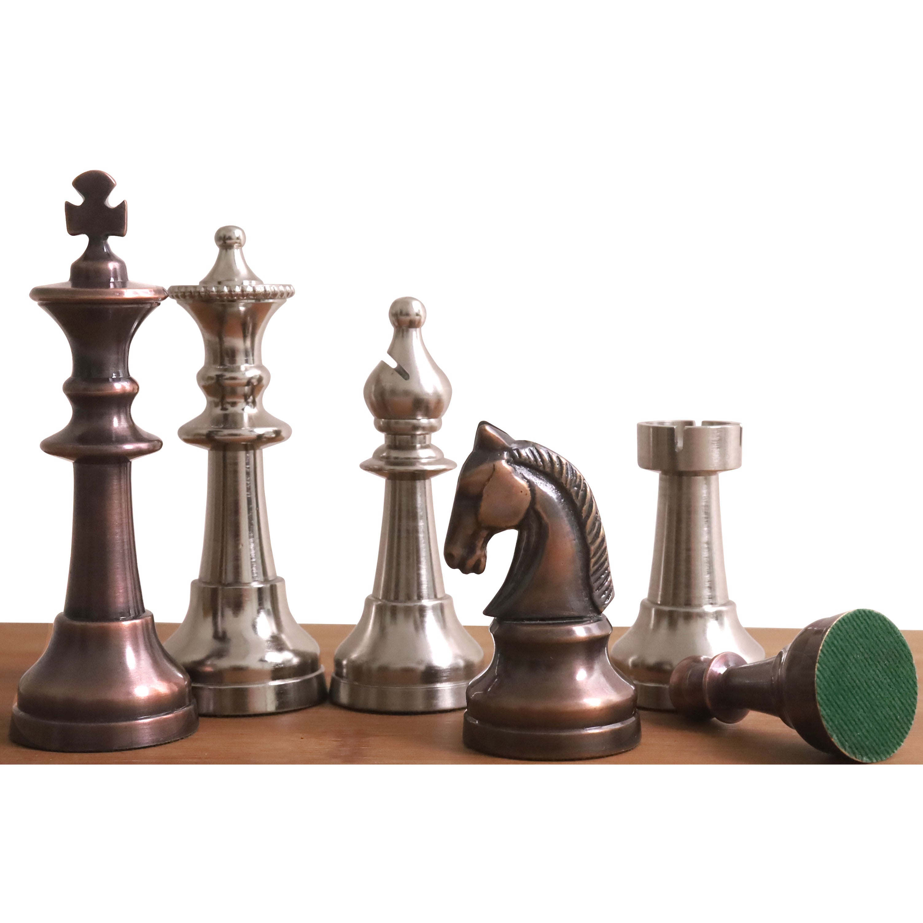 Copper Antiqued and Silver chessmen with an 89mm king