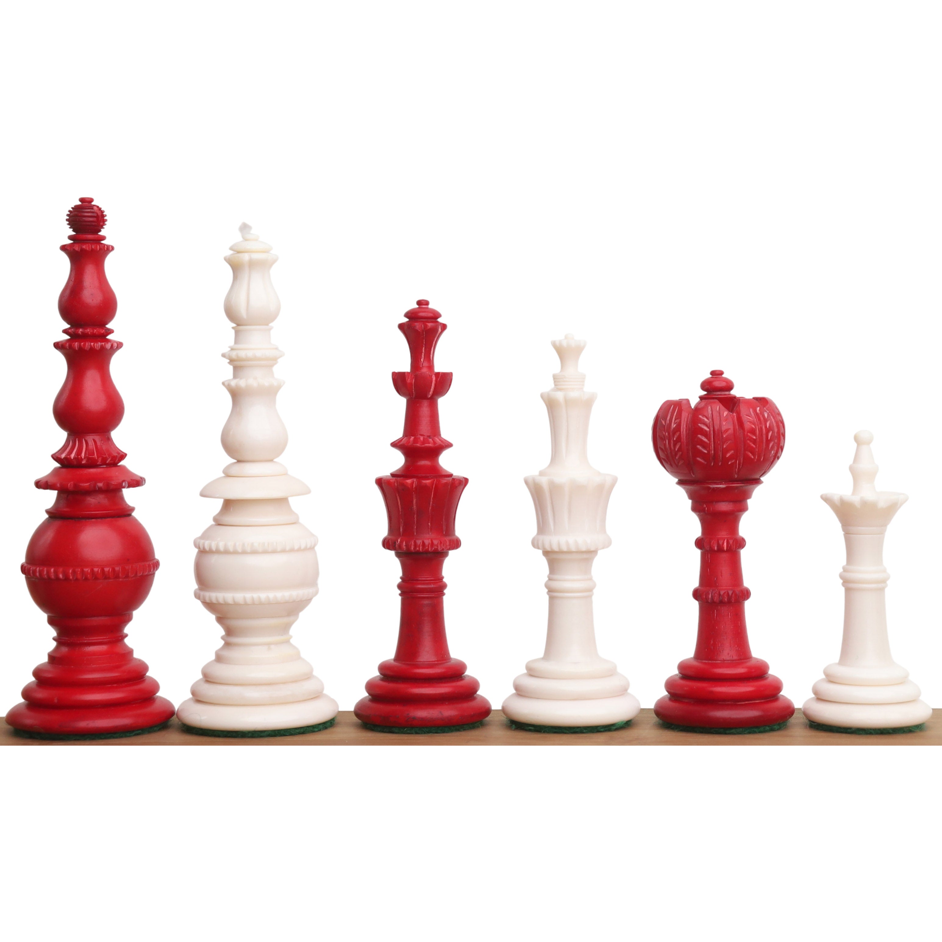 Turkish Tower Pre-Staunton chess pieces in crimson & white camel bone, 118mm king