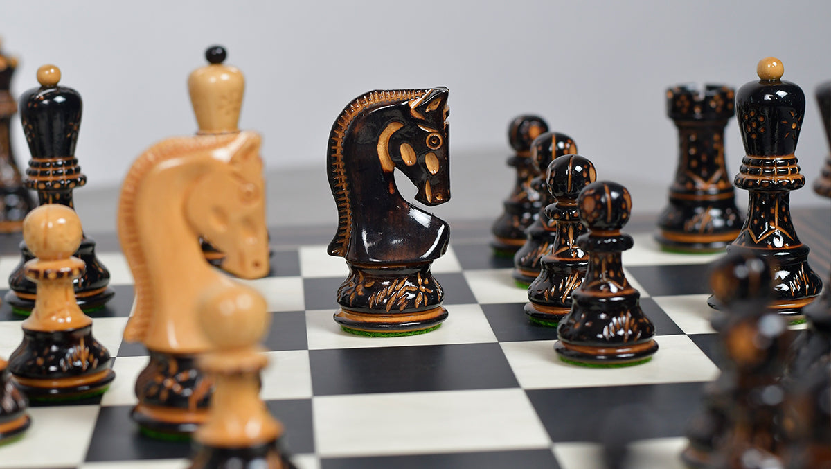 1959 Russian Zagreb chess set, burnt and natural boxwood, hand carved in India