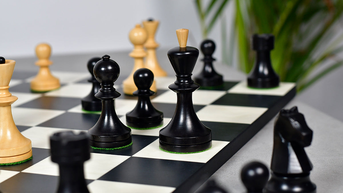 Full 34 piece Soviet Era chess pieces in ebonised and natural boxwood, Sterling Chess Australia