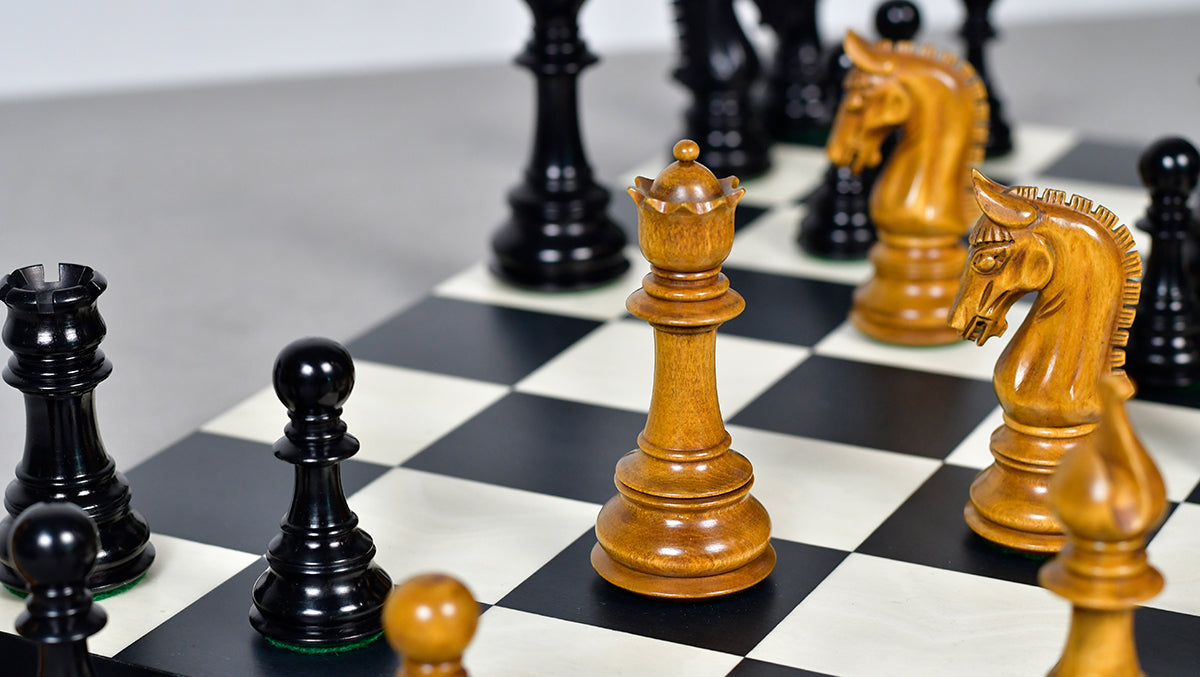 Sterling Chess War Admiral 112mm Staunton chess pieces in antiqued boxwood