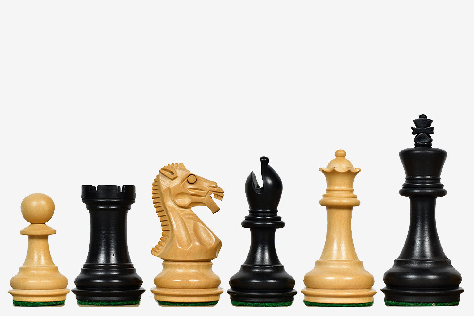 Sterling Chess Laughing Knight chess pieces in ebonised and natural boxwood, 78mm king