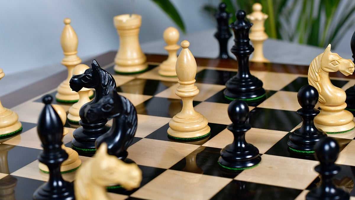 Full 34 piece 1935 Botvinnik Flohr Soviet chess pieces in genuine ebony and boxwood, Sterling Chess Australia