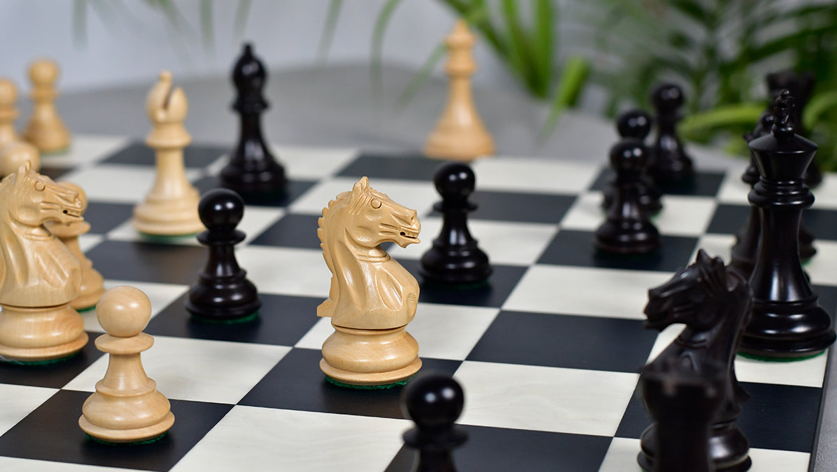 Fierce Knight Staunton wooden chess pieces, 89mm king, Ebonised finish