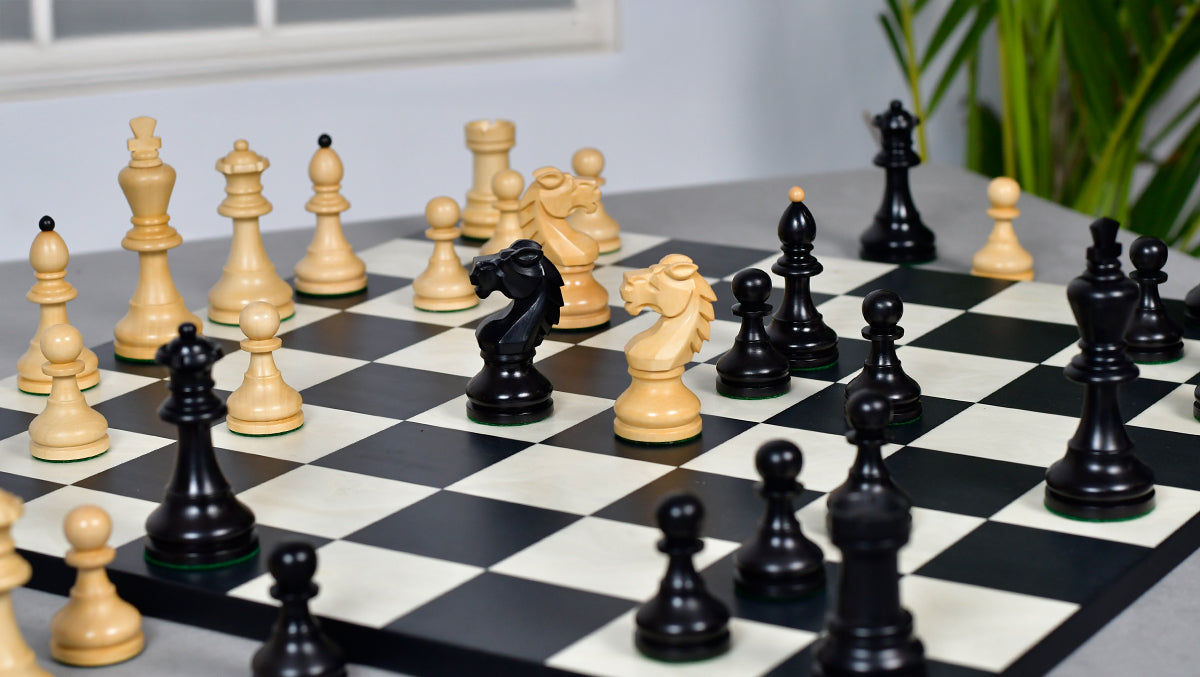 Full 34 piece 1950s Bohemia German chess set in ebonised and natural boxwood, Sterling Chess Australia