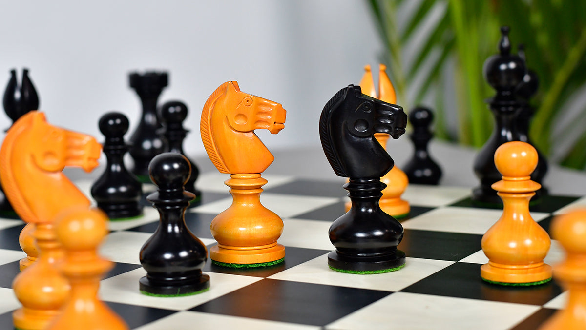 Knight carving detail on the Antique Dublin Calvert chess pieces in ebonised and antiqued boxwood