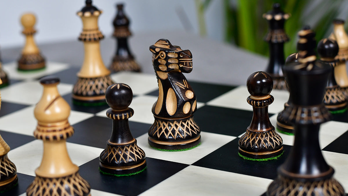 Full 34 piece Burnt Blazed Series chess set in burnt boxwood and natural boxwood, Sterling Chess Australia