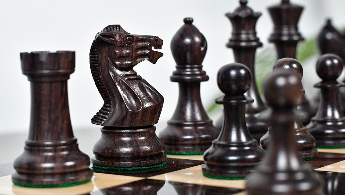 Knight carving detail on the Pro Tournament Staunton chess pieces in Indian rosewood and boxwood