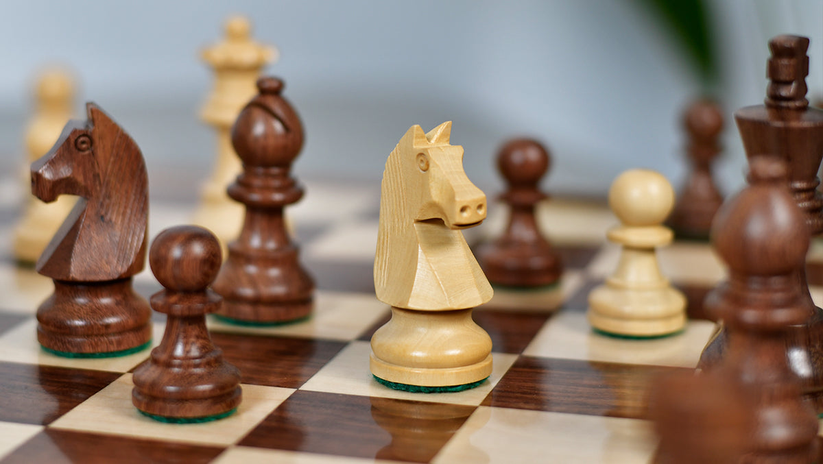 Staunton German Knight 77mm chess pieces turned in sheesham hardwood