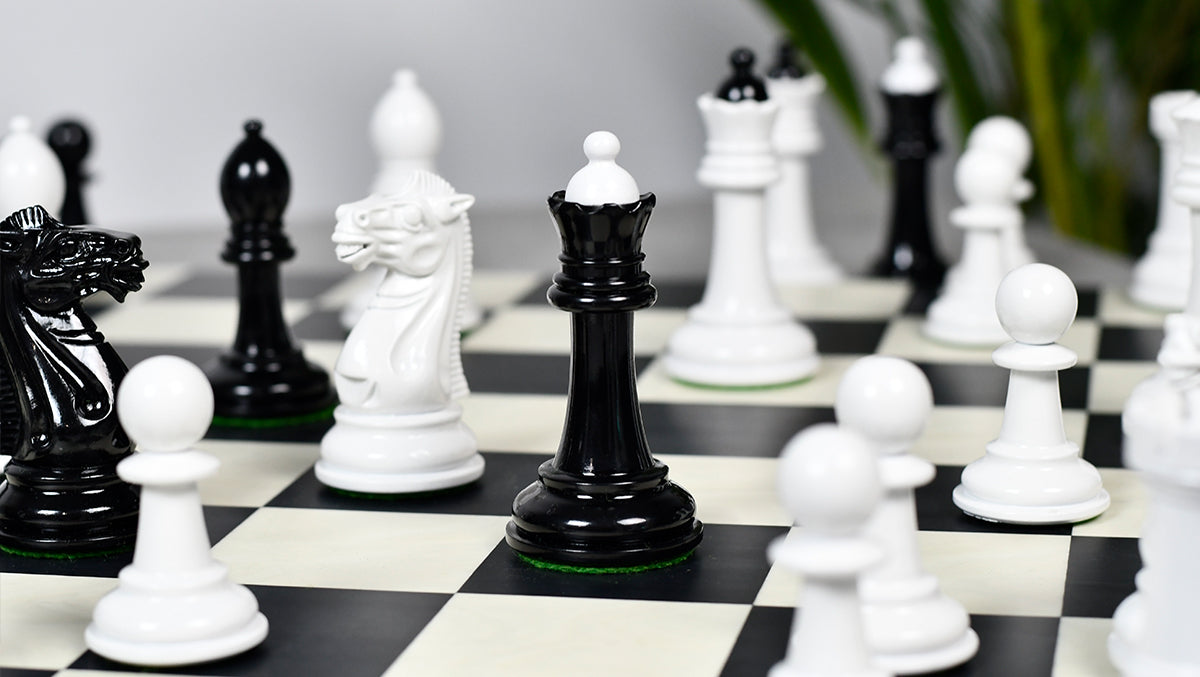 Full 34 piece 1940 Soviet Club chess pieces in genuine ebony and ivory white painted boxwood, Sterling Chess Australia