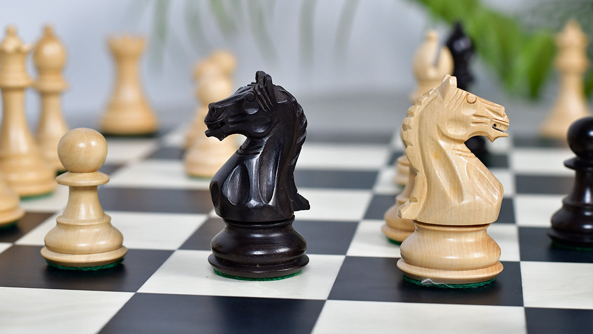 Full 34 piece Fierce Knight Staunton chess set in ebonised wood and boxwood, Sterling Chess Australia