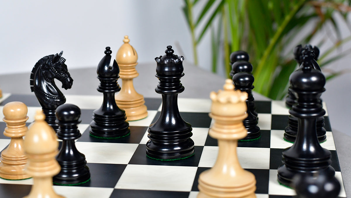 Full 34 piece Indian Chetak II chess pieces in genuine ebony and boxwood, Sterling Chess Australia