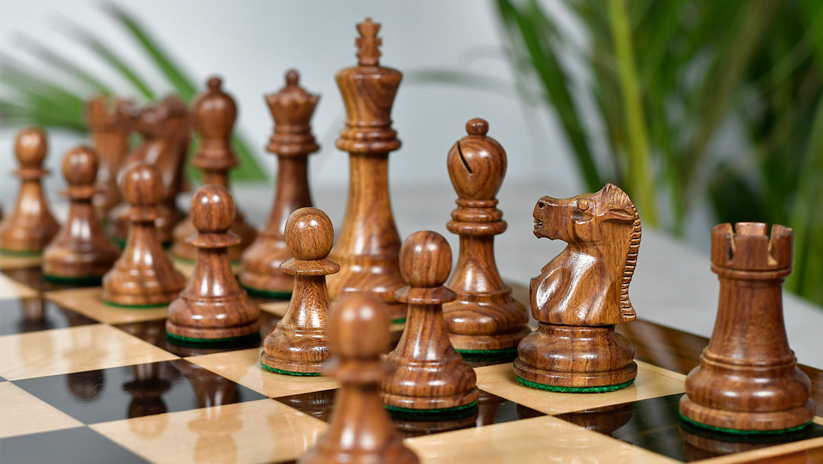 Knight carving detail on the 1972 Fischer Spassky chess pieces in sheesham and boxwood