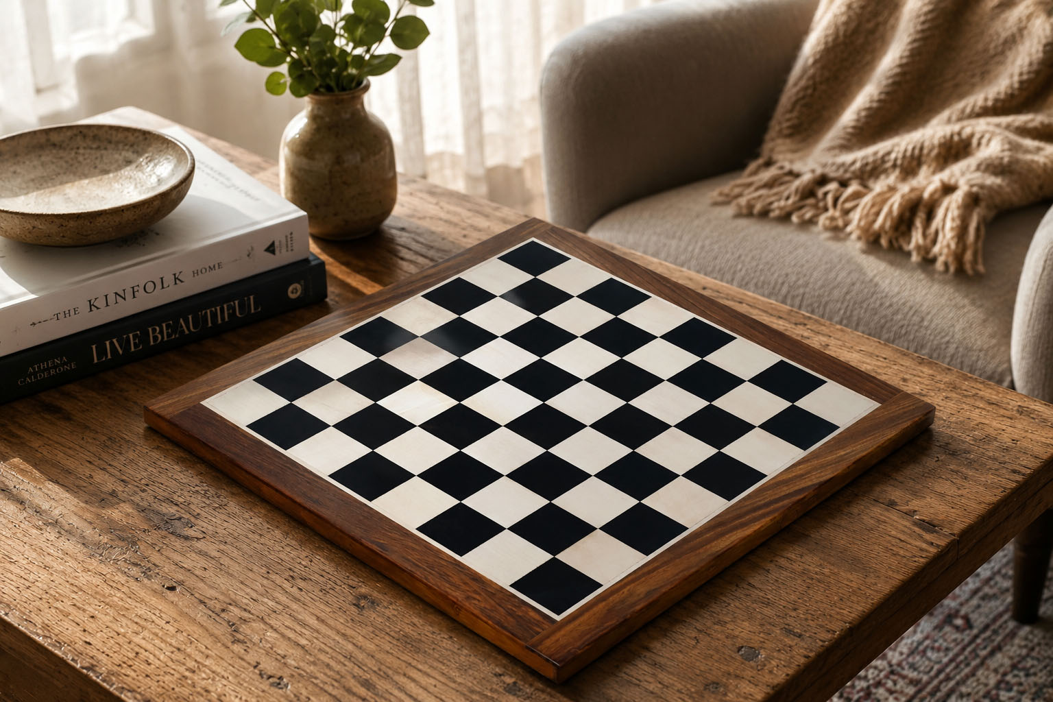 Ebony and maple chess board with a sheesham border, 43cm with 45mm squares