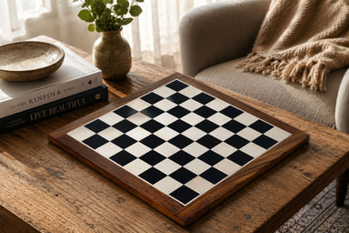 Ebony and maple chess board with a sheesham border, 43cm with 45mm squares
