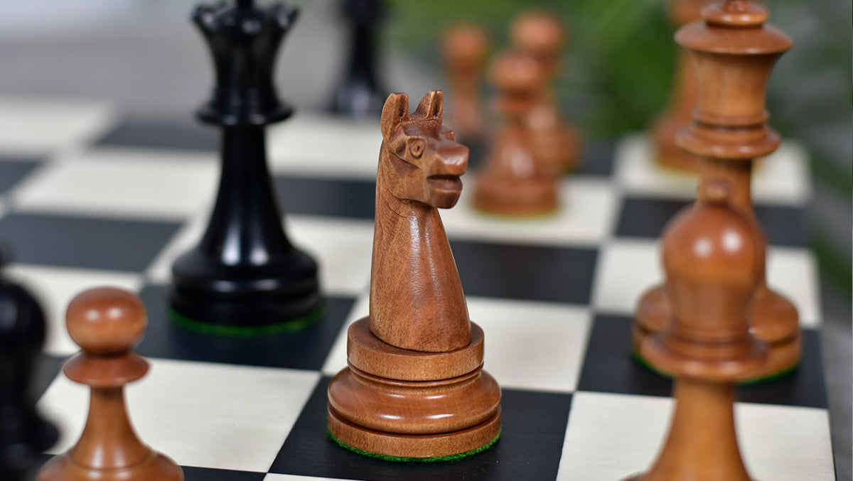 Knight carving detail on the 1904 American Chess Co. chess pieces in ebonised and antique boxwood