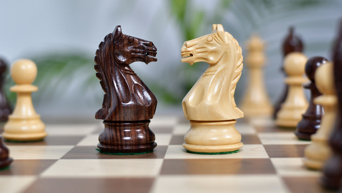 Hand carved knight detail on the Fierce Knight Staunton Rosewood chess pieces