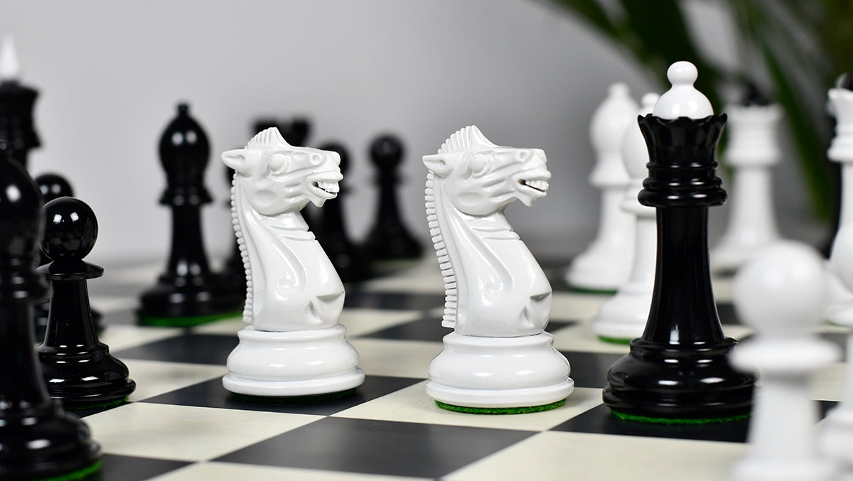 Knight carving detail on the 1940 Soviet Club chess pieces in genuine ebony and ivory white painted boxwood