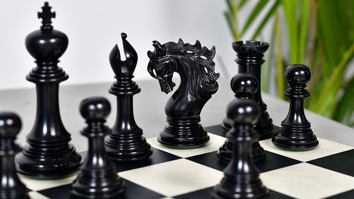 Knight carving detail on the Viking Series chess pieces in ebony and boxwood