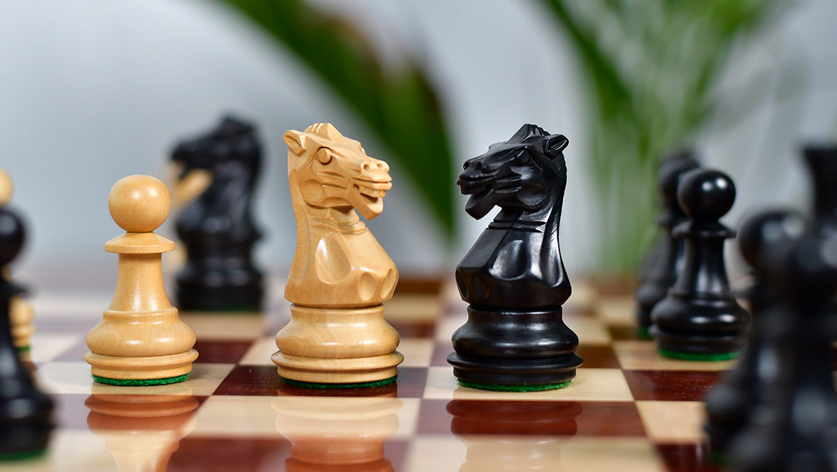 Laughing Knight wooden chess pieces, 78mm king, Ebonised finish