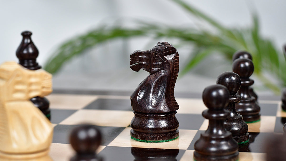 Full 34 piece Smokey Staunton chess set in rosewood and boxwood, Sterling Chess Australia
