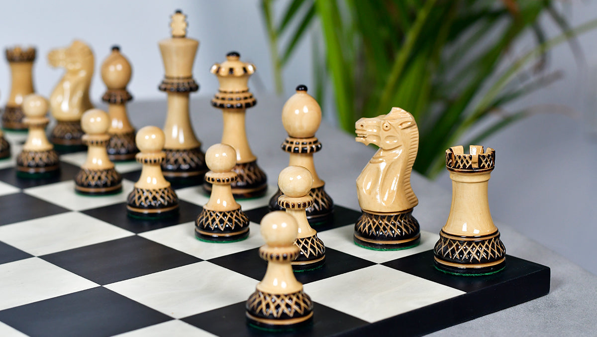 Full 34 piece Parker Staunton Lacquered chess pieces in burnt and natural boxwood, Sterling Chess Australia