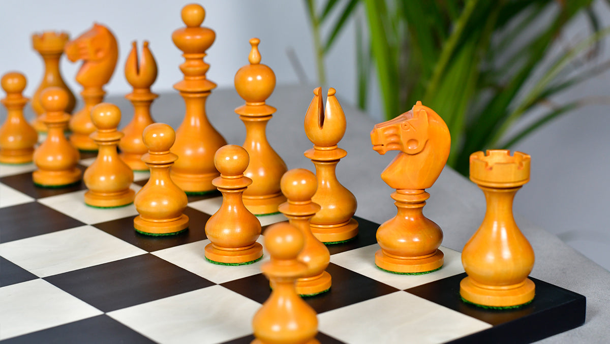 Full 34 piece Antique Dublin Calvert chess pieces in ebonised and antiqued boxwood, Sterling Chess Australia
